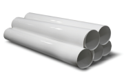Stacked rolls of white PVC cut and curl jacketing on white background